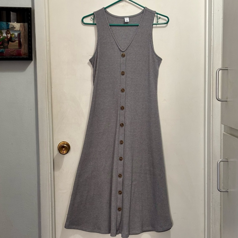 Old Navy Gray Midi Dress with Faux Button Front.